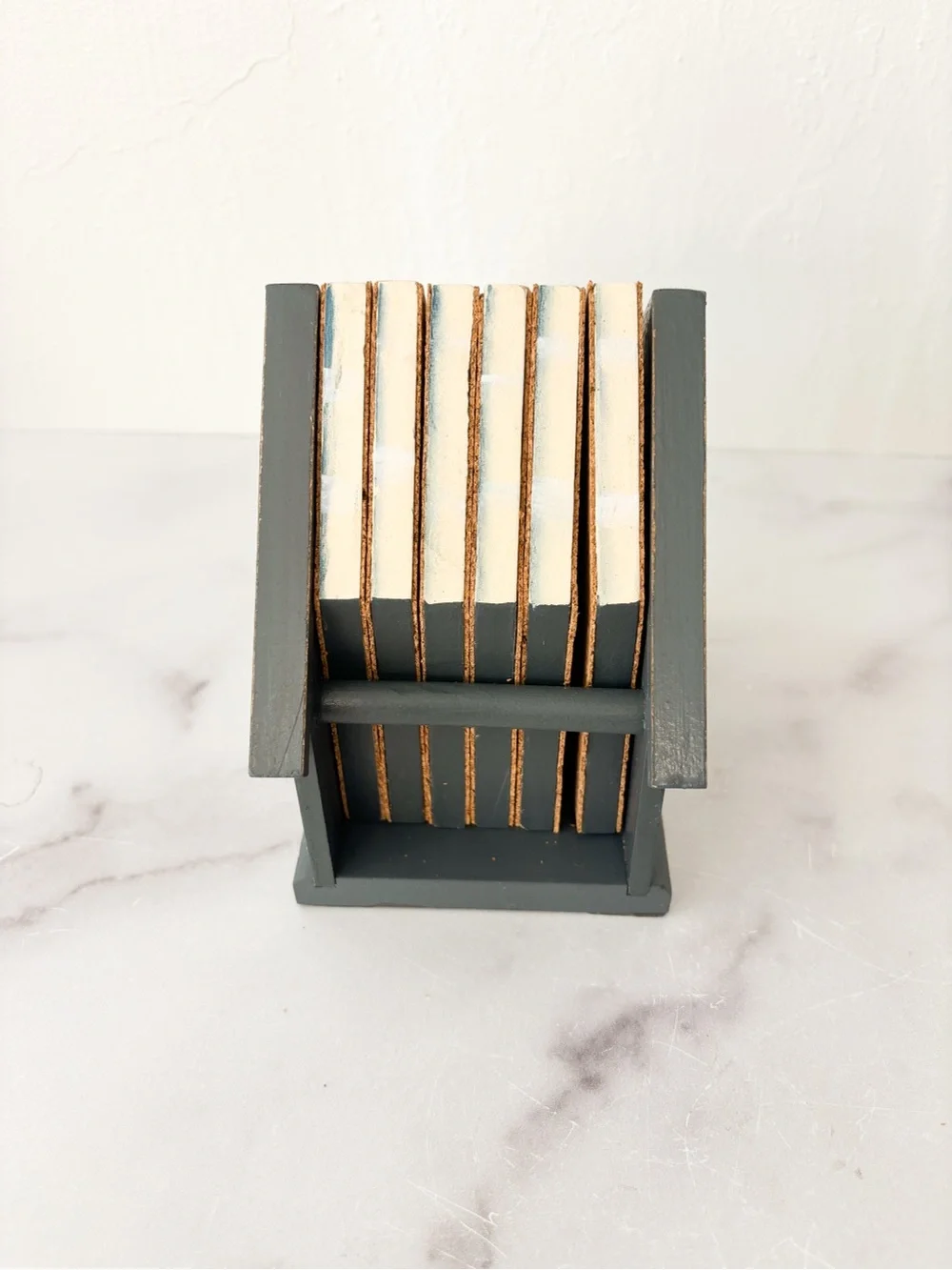 Hand-Painted Lighthouse Wooden and Cork Coaster Set - Coastal Blue & Tan